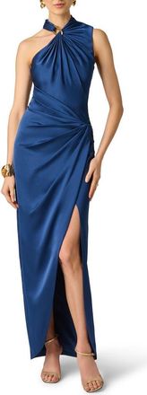 Aidan Mattox One-Shoulder Crepe Back Satin Gown in Navy at Nordstrom, Size 14