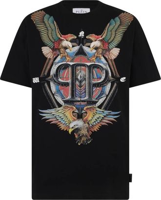 Philipp Plein Tops, Heren, Zwart, 4Xl, Katoen, Rondhals T-Shirt Eagle Tattoo