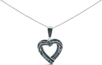 House of Brilliance 925 Sterling Silver 1.00 Cttw Baguette and Round Blue Diamond Open Heart Pendant Necklace
