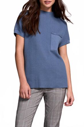 Tribal Cotton Mock Neck Cap Short Sleeve Top In Slate Blue