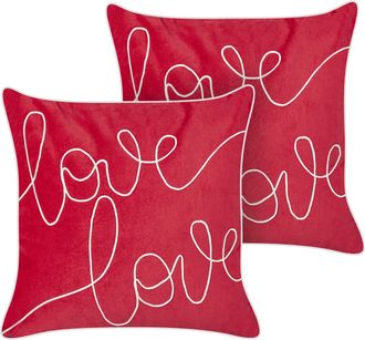 Beliani Beliani - Conjunto De 2 Cojines Almohada Decorativa De Terciopelo Bordada A Mano Con Escritura Cuadrado 45 X 45 Cm Rojo Siderasis