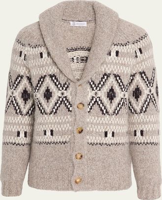 Brunello Cucinelli Mens Wool and Nylon Fair Isle Knit Cardigan