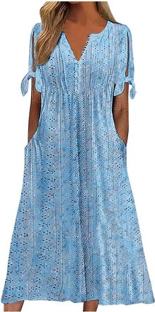 Generic Keepink Women Dresses Summer Maxi Long Dresses V Neck Floral Printed Dress Trendy Short Sleeve Eyelet Tshirt Dress Casual Boho Sundresses Beach Vacati