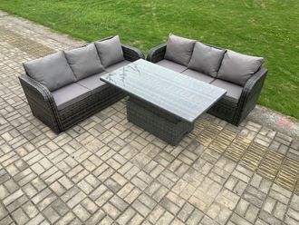 Fimous 6 Seater Garden Dining Sets Outdoor Rattan Furniture Lounge Sofa Height Adjustable Rising lifting Table Set in Dark Grey