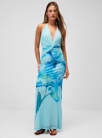 Twik Womens Watercolour flowers mesh halter maxi dress