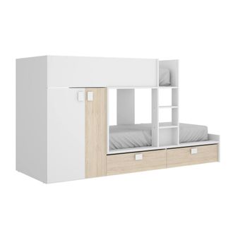 Dmora Cama Infantil Breithorn, Dormitorio Completo Con Armario Y Cajoneras, Composici&oacute;n Litera Con Dos Camas Individuales, 275x108h150 Cm, Blanco Y Roble - 