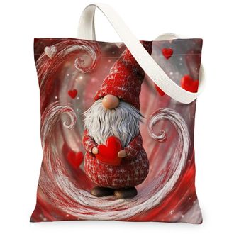 Generic Romantic Valentines Day Gnome Canvas Tote Bag for Shopping 13x15, Cool Fun Red Love Heart Reusable Grocery Print Pattern Bag for Women, Holiday Beach 