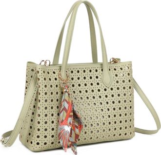 Generic Perforated Tote Bag, Laser Cut Design with Scarf Charm, Shoulder Handbag with Crossbody Strap (Green)