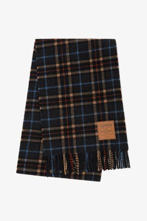 Ganni Grey Check Wool Scarf