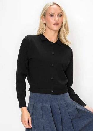 YAL New York Black Collared Knit Cardigan with Covered Buttons