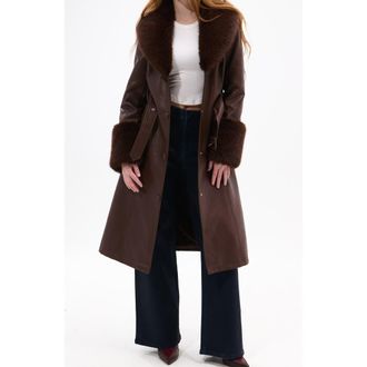 Azalea Wang Kaya Faux Leather & Faux Fur Coat in Brown at Nordstrom, Size Large