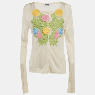 Moschino Cheap And Chic Cream Knit Floral Applique Detail Cardigan