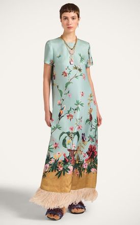 La DoubleJ Swing Dress With Feathers in Zooflora Panel Light Blue at Nordstrom, Size X-Large