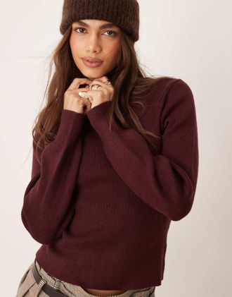 Mango high neck knit sweater in burgundy-Red
