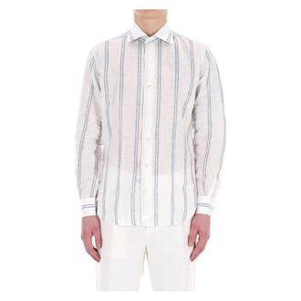 Eleventy Gestreepte linnen overhemd - Heren - Casual Overhemden - Wit - 3XL - Linnen - Overhemden