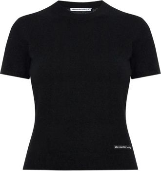Alexander Wang Truien & Vesten, Dames, Zwart, S, Polyester, Trui met ronde hals en korte mouwen van fleece
