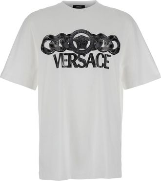 Versace White T-shirt With Medusa Head Logo Print On The Front In Cotton Man