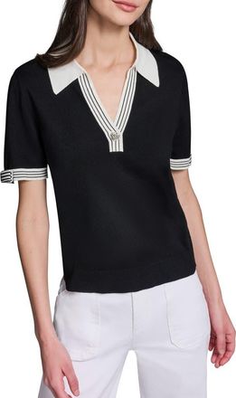 Karl Lagerfeld Polo Collar Short Sleeve Sweater in Black/Soft White at Nordstrom, Size X-Large