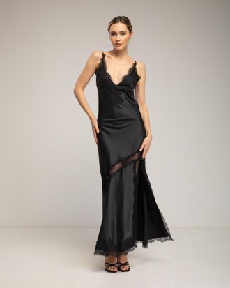 Tantra Midi slipdress van satijn met kantdetails en bandjes