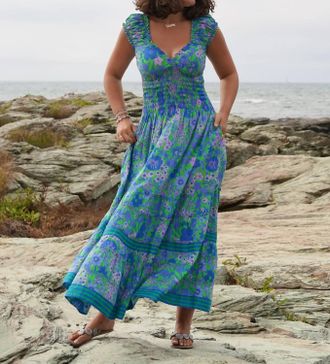 La Plage Genevieve Dress In Meadow Floral Print In Green And Blues