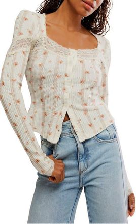 Free People Lets Party Floral Lace Trim Cotton Waffle Knit Button-Up Top in Tea Combo at Nordstrom, Size X-Large