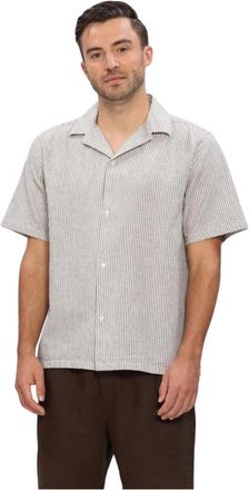 Les Deux Overhemden, Heren, Beige, L, Katoen, Lukas Stripe Katoen Linnen SS Shirt