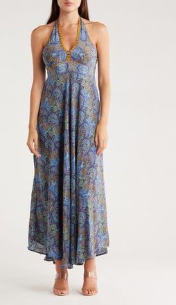 La Fiorentina Printed Maxi Halter Dress in Blue at Nordstrom Rack, Size Medium