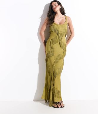 Asos vestito maxi con scollo rotondo e frange asimmetriche verde oliva