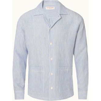 Orlebar Brown Soren Relaxed Fit Hemp Stripe Overshirt in Bergamo Blue Stripe at Nordstrom, Size Xx-Large