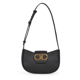 Ferragamo Black Leather Shoulder Bag with Gancini Ornament - female - Ferragamo - Shoulder Bags - Black - ONE SIZE - Bags
