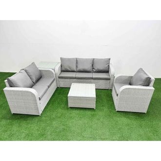 Fimous Patio pe Wicker 6 Seater Outdoor Rattan Furniture Sofa Sets with Square Coffee Table Reclining Chair Loveseat Sofa 3 Seater Sofa Light Grey - Fimous