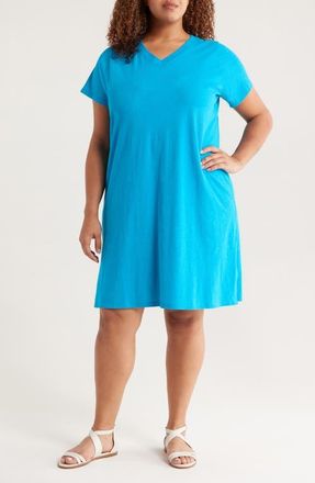 Eileen Fisher V-Neck Organic Cotton T-Shirt Dress in Oahu Blue at Nordstrom, Size 1X