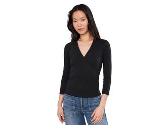 Lilla P Ribbed Slub 3/4 Sleeve Surplice Womens Clothing Black : MD, Cotton