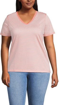Lands End Relaxed Supima Cotton V-Neck T-Shirt in Sunset Coral Pink Micro Stripe at Nordstrom, Size 1X