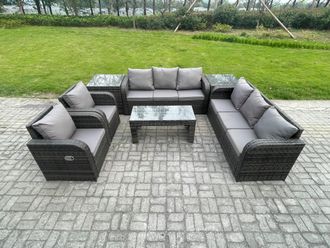 Fimous Wicker PE Rattan Sofa Set Outdoor Patio Garden Furniture with Reclining Chair Coffee Table 2 Side Tables Dark Grey Mixed