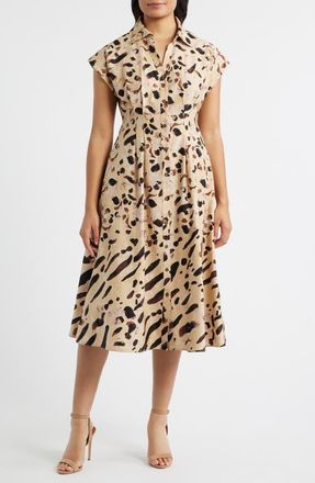 Julia Jordan Abstract Animal Print Stretch Cotton Midi Shirtdress in Brown Multi at Nordstrom, Size 10