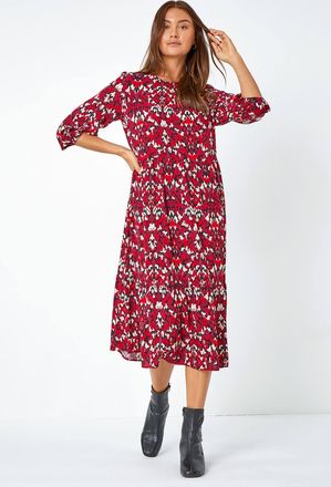 Roman Abstract Print Tiered Smock Midi Dress
