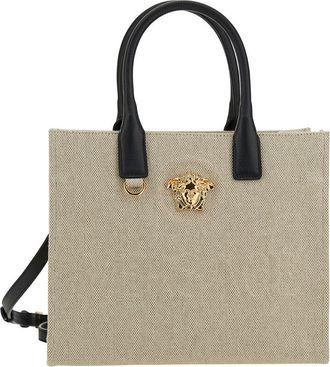 Versace La Medusa Small Beigetote Bag With Leather Handles And Logo Detail In Canvas Woman