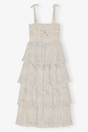 Ganni Floral Printed Pleated Georgette Strap Smock Midi Dress - Size 10/12 Beige