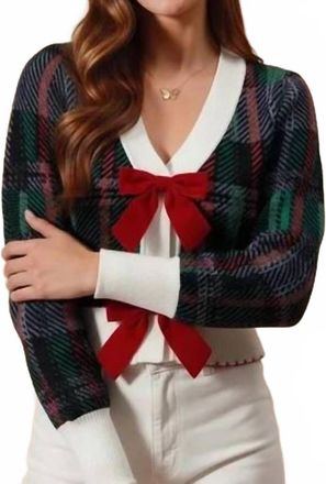 So Me Velvet Bow Holiday Plaid Cardigan In Multi