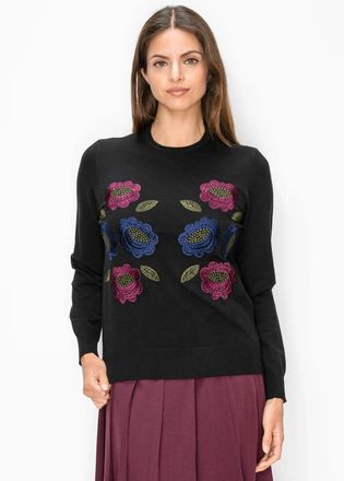 YAL New York Embroidered Floral Crewneck in Black Knit