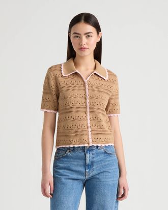 NVLT Womens Button Front Crochet Sweater with Contrast Edge
