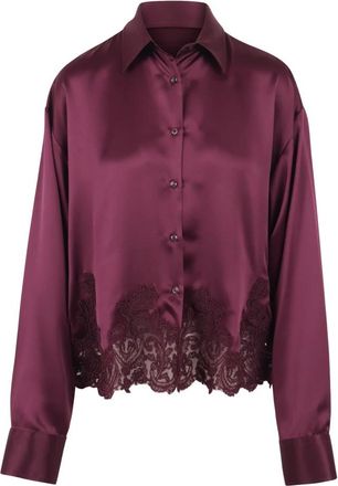 Ermanno Scervino Zijden blouse met kanten inzetstukken aan de zoom - Dames - Overhemden - Paars - XS - Overhemden