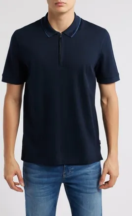 BOSS Paras Quarter Zip Cotton Polo in Dark Blue at Nordstrom, Size Xx-Large
