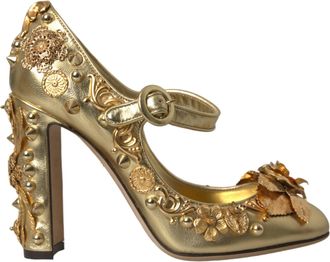Dolce & Gabbana Gold Leather Crystal Mary Janes Pumps Womens Shoes