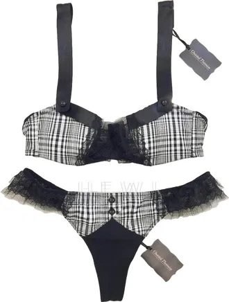 Chantal Thomass Black & White Tartan Check Bra & Thong Set Size S