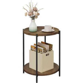 Woltu Woltu - Mesa De Centro Redonda Con 2 Estantes Mesa Auxiliarpara Salon Mesita De Noche Mesa De Sof&aacute; Para Dormitorio Sal&oacute;n Y Cocina Mdf+metal Madera Vin