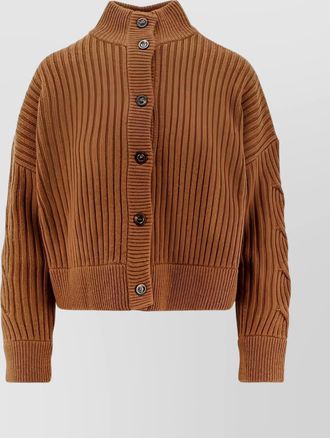 Max Mara cashmere wool ribbed cable-knit high-collar cardigan