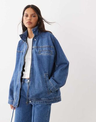 Asos giacca in denim con collo alto in blu medio