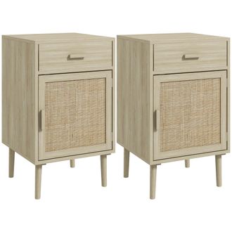OEM Juego De 2 Mesitas De Noche Mesillas De Noche Con Caj&oacute;n De Rat&aacute;n Y Estante Ajustable 40x40x68,5 Cm Roble